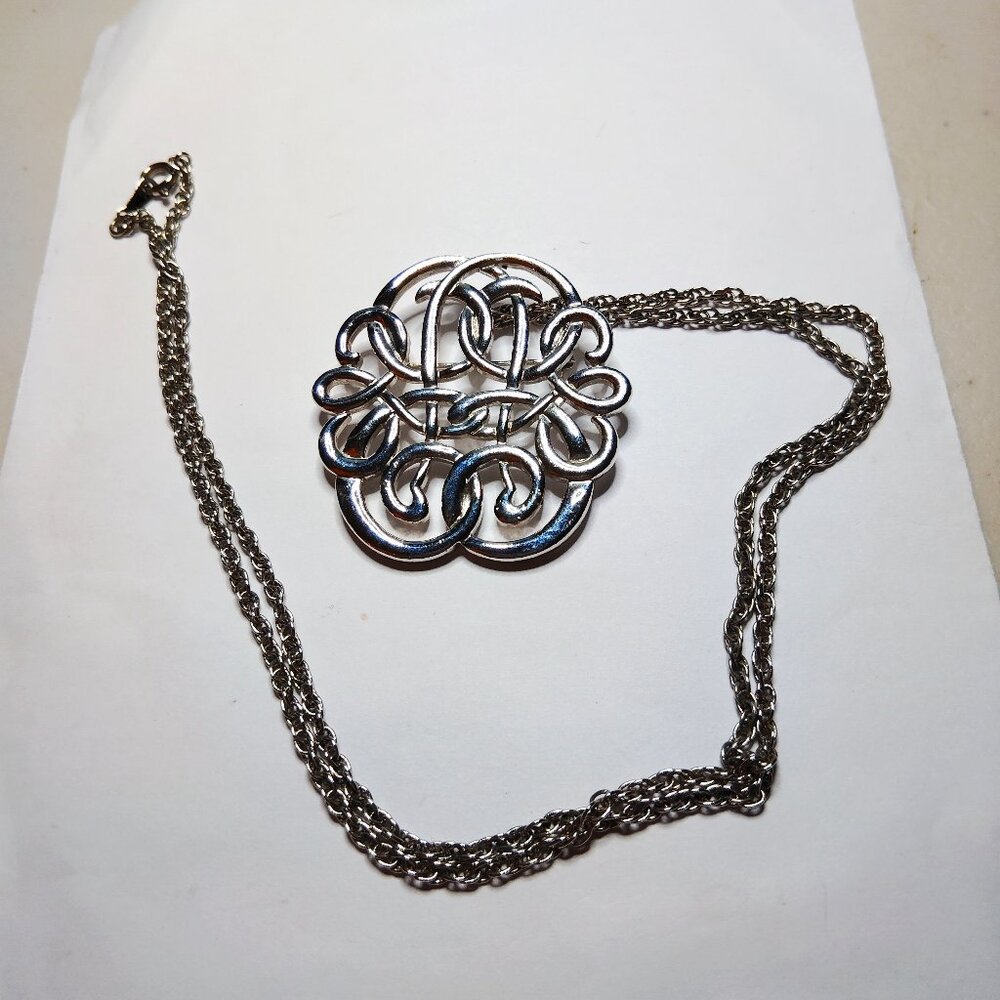 1989 Avon Silver Filigree Knot Brooch Pendant Necklace 26" Vintage Unisex
